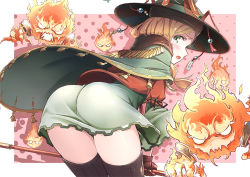 Rule 34 | &gt;:o, 1girl, :o, ass, bad id, bad pixiv id, black thighhighs, broom, cape, dress, fantasy, green dress, green eyes, hat, hitodama, leaning forward, looking at viewer, looking back, original, pemu, pomon illust, short dress, short hair, solo, staff, thighhighs, v-shaped eyebrows, witch, witch hat