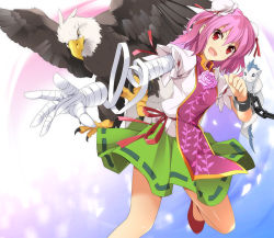 Rule 34 | 1girl, bandages, bird, bun cover, chain, cuffs, double bun, eagle, flower, hair bun, highres, ibaraki kasen, open mouth, pink eyes, pink flower, pink rose, puffy short sleeves, puffy sleeves, red eyes, rose, shackles, shirt, short sleeves, skirt, smile, solo, tabard, touhou, zb (dawn-blue)