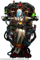 Rule 34 | 1girl, barefoot, blue eyes, blue hair, cable, chair, full body, glowing, glowing eyes, hair over one eye, iltusa, long toenails, monitor, official art, pale skin, restrained, sitting, solo, stationary restraints, toenails, tube, white background, yuba no shirushi