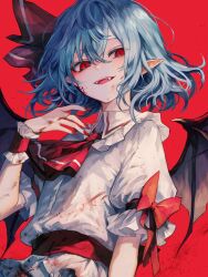 Rule 34 | 1girl, bat wings, blood, blood on clothes, blood on face, blood on hands, bloody clothes, bloody dress, blue hair, collared dress, dress, fangs, hair ribbon, highres, light blue hair, looking at viewer, maho moco, pink dress, pointy ears, red background, red eyes, red ribbon, remilia scarlet, ribbon, short sleeves, simple background, solo, touhou, upper body, vampire, wings