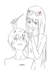 Rule 34 | 10s, 1boy, 1girl, black hair, blue horns, blush, colored sclera, couple, darling in the franxx, findoworld, fringe trim, hand on another&#039;s head, hetero, hiro (darling in the franxx), holding, horns, long hair, looking at another, looking back, monochrome, nightgown, oni horns, pajamas, pink hair, red sclera, short hair, signature, topless male, zero two (darling in the franxx)