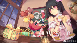 Rule 34 | 1girl, balloon, black hair, christmas stocking, cup, gift, highres, holding, holding cup, kettle, long hair, looking to the side, mug, parfait, plate, smile, snow, solo, steam, table, wei tian wenhua, window, winter, yao yao (yuan zun), yuan zun