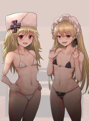 Rule 34 | 2girls, :d, bare arms, bare shoulders, bikini, black bikini, blonde hair, blush, brown eyes, collarbone, commentary request, fingernails, flat chest, frilled bikini, frills, fur hat, girls&#039; frontline, hair between eyes, hands on own hips, hat, highres, lifting own clothes, long hair, micro bikini, multiple girls, nagant revolver (girls&#039; frontline), navel, open mouth, ppk (girls&#039; frontline), red eyes, smile, strap lift, swimsuit, take (trude1945oneetyan), tongue, tongue out, very long hair, white bikini, white headwear