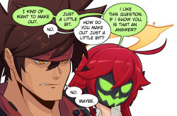 Rule 34 | 1boy, 1girl, absurdres, ahoge, broken halo, brown hair, clothes writing, spiked halo, drooling, english text, glowing, glowing eyes, glowing mouth, green eyes, grey mask, guilty gear, hair between eyes, halo, headband, hetero, highres, jack-o&#039; valentine, jacket, light frown, long hair, mask, multicolored hair, open mouth, parted lips, ponytail, red hair, red headband, red jacket, simple background, smgold, smile, sol badguy, speech bubble, spiked hair, twitter username, two-tone hair, upper body, white background, white hair, white jacket, yellow eyes