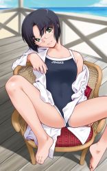 Rule 34 | 1girl, absurdres, bare shoulders, barefoot, beach, black hair, blue one-piece swimsuit, blurry, chair, clothes writing, cloud, coat, competition school swimsuit, covered navel, day, depth of field, feet, full body, glasses, green eyes, head tilt, highres, kiriyama taichi, lab coat, light smile, looking at viewer, ocean, off shoulder, one-piece swimsuit, open clothes, open coat, open shirt, outdoors, parted bangs, railing, rimless eyewear, school swimsuit, shadow, shirt, short hair, sitting, sky, smile, soga kaede, solo, spread legs, sweet home, swimsuit, swimsuit under clothes, water