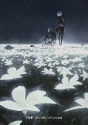 Rule 34 | 1boy, 1girl, black dress, blindfold, boots, chain, copyright name, dark background, dress, field, flower, flower field, glowing, head down, highres, light particles, looking up, nier, nier (series), nier (brother), nier:automata, official art, rock, sash, short hair, silver hair, sitting, square enix, thigh boots, thighhighs, 2b (nier:automata)