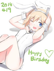 Rule 34 | 1girl, 2014, animal ears, bare legs, blonde hair, blue eyes, dated, erica hartmann, fake animal ears, happy birthday, leotard, looking at viewer, lying, on back, one eye closed, playboy bunny, short hair, simple background, solo, strike witches, tsuchii (ramakifrau), white background, world witches series, wrist cuffs