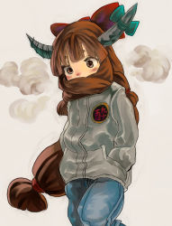 Rule 34 | 1girl, bad id, bad nicoseiga id, bow, brown eyes, casual, coat, cold, contemporary, dareruraito, female focus, hair scarf, hands in pockets, highres, horn bow, horn ornament, horns, ibuki suika, long hair, low-tied long hair, orange hair, runny nose, snot, solo, touhou