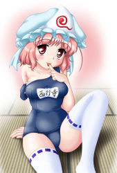 Rule 34 | 1girl, female focus, gradient background, hat, neopure, one-piece swimsuit, pink hair, red eyes, saigyouji yuyuko, school swimsuit, solo, strap slip, swimsuit, thighhighs, touhou, white thighhighs