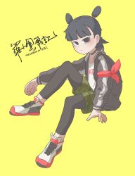 Rule 34 | 1boy, absurdres, black hair, black jacket, blunt bangs, blush, camouflage, camouflage shorts, copyright name, double bun, full body, goose g3, green shorts, hair bun, highres, invisible chair, jacket, pantyhose under shorts, long sleeves, nezha (the legend of luoxiaohei), pantyhose, shadow, shoes, shorts, simple background, sitting, solo, luo xiaohei zhanji, yellow background