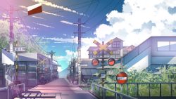 Rule 34 | 1girl, blue sky, blue theme, cloud, highres, official art, power lines, railing, railroad tracks, road sign, rokuban (6thavenue), scenery, shadow, sign, sitting, sky, summer