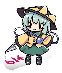 Rule 34 | 1girl, :&gt;, black footwear, black hat, blouse, blush stickers, boots, bow, buttons, chibi, commentary request, diamond button, eyeball, frilled shirt collar, frilled sleeves, frills, full body, green skirt, hat, hat bow, hat ribbon, highres, holding, holding knife, knife, komeiji koishi, light green hair, long sleeves, medium hair, ribbon, rpameri, shirt, simple background, skirt, sleeves past fingers, sleeves past wrists, smile, solid oval eyes, solo, standing, third eye, touhou, wavy hair, white background, wide sleeves, yellow bow, yellow ribbon, yellow shirt