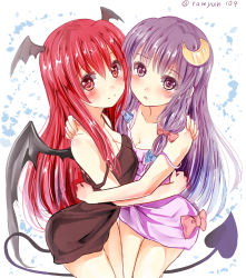 Rule 34 | 2girls, bare shoulders, bat wings, blush, bow, breasts, cleavage, crescent, crescent hair ornament, demon tail, hair ornament, head wings, heart, heart-shaped pupils, highres, hug, koakuma, long hair, looking at viewer, multiple girls, no headwear, no headwear, off shoulder, patchouli knowledge, purple eyes, purple hair, ramudia (lamyun), red eyes, red hair, smile, strap slip, symbol-shaped pupils, tail, touhou, twitter username, wings