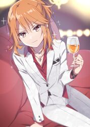 Rule 34 | 1girl, arm support, blazer, breast pocket, brown eyes, brown hair, couch, cup, drinking glass, earrings, formal, idolmaster, idolmaster cinderella girls, jacket, jewelry, lens flare, looking at viewer, necklace, pendant, pocket, riku (melty drop), sitting, smile, solo, sparkle, suit, watch, white suit, wine glass, wristwatch, yuuki haru
