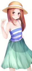 Rule 34 | 1girl, absurdres, bare arms, bare shoulders, brown eyes, brown hair, closed mouth, commentary request, dutch angle, green skirt, hand up, hat, highres, karakai jouzu no takagi-san, long hair, long skirt, looking at viewer, parted bangs, shirt, simple background, skirt, smile, solo, standing, striped clothes, striped shirt, sun hat, takagi-san, white background, yuunamida uyu