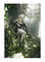 Rule 34 | 14sky, 1girl, absurdres, animal ears, arknights, black footwear, chair, commentary request, conservatory, flower, garden, greenhouse, hair flower, hair ornament, hanging plant, heavyrain (arknights), heavyrain (tranquil moss) (arknights), highres, holding, holding instrument, indoors, instrument, long hair, long sleeves, looking at viewer, music, official alternate costume, plant, playing instrument, potted plant, scenery, sitting, solo, sunlight, violin, white hair, white legwear, window