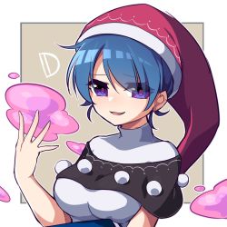Rule 34 | 1girl, antinomy of common flowers, bad id, bad twitter id, blue hair, breasts, capelet, commentary request, doremy sweet, hair between eyes, hat, highres, kozakura (dictionary), looking at viewer, medium breasts, nightcap, open mouth, pom pom (clothes), purple eyes, short hair, smile, solo, touhou, upper body