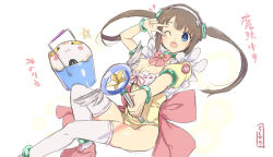 Rule 34 | 1girl, bell, blue eyes, bow, bracelet, breasts, brown hair, bucket, choker, cleavage, commentary request, green choker, holding, holding wand, jewelry, large bow, large breasts, looking at viewer, magical girl, minori (senran kagura), one eye closed, open mouth, pink bow, pink footwear, ring hair ornament, senran kagura, solo, thighhighs, twintails, v, wand, white thighhighs, yaegashi nan