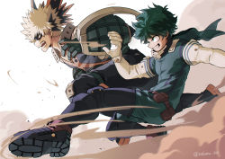 Rule 34 | 2boys, absurdres, artist name, bakugou katsuki, black gloves, blonde hair, bodysuit, boku no hero academia, boots, commentary request, elbow gloves, explosive, eye mask, freckles, from side, gloves, green bodysuit, green hair, grenade, grin, hair ornament, hand up, highres, male focus, messy hair, midoriya izuku, multiple boys, nakamu 405, red eyes, red gloves, short hair, smile, spiked hair, teeth, thigh boots, thighhighs, two-tone gloves, white gloves