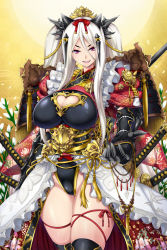 Rule 34 | 1girl, armor, beads, bow, breasts, character request, cleavage, cleavage cutout, clothing cutout, evil grin, evil smile, flower, grin, hair bow, hair ornament, hairband, headdress, highleg, hotori (sion), japanese clothes, jewelry, katana, large breasts, long hair, necklace, petals, prayer beads, purple eyes, ribbon, rope, sengoku taisen, sengoku taisen illustration contest 3, sheath, sheathed, showgirl skirt, smile, solo, sword, tassel, thick thighs, thighhighs, thighs, twintails, weapon, white hair