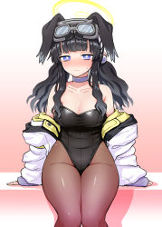 Rule 34 | 1girl, :/, absurdres, animal ears, black hair, black leotard, blue archive, blush, breasts, bright pupils, brown pantyhose, choker, cleavage, closed mouth, ears down, goggles, goggles on head, gradient background, hair bobbles, hair ornament, halo, hibiki (blue archive), highleg, highleg leotard, highres, itou yuuji, jacket, jitome, large breasts, legs together, leotard, long hair, looking at viewer, off shoulder, pantyhose, pink background, purple choker, purple eyes, sleeves past wrists, solo, strapless, strapless leotard, white jacket, white pupils