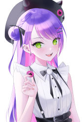 Rule 34 | 1girl, absurdres, asymmetrical hair, beret, black hat, black ribbon, blush, braid, breasts, collared shirt, colored inner hair, commentary, ear piercing, earrings, fake horns, fangs, french braid, green eyes, hair bun, hair ornament, hair ribbon, hairclip, hat, hat pin, highres, hiya 0, holding, hololive, horned headwear, horns, jewelry, korean commentary, long hair, looking at viewer, multicolored hair, neck ribbon, o-ring, official alternate costume, open mouth, piercing, pink hair, pom pom (clothes), purple hair, ribbon, shirt, side bun, simple background, single hair bun, single side bun, skirt, sleeveless, sleeveless shirt, small breasts, smile, strap, suspender skirt, suspenders, swept bangs, teeth, tokoyami towa, two-tone hair, upper body, upper teeth only, virtual youtuber, white background, white shirt, wing collar, x hair ornament