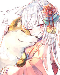 Rule 34 | 1girl, ;), animal, animal ear fluff, animal ears, animal hug, bell, blush, chita (ketchup), closed eyes, closed mouth, flower knot, fox, fox ears, highres, japanese clothes, jingle bell, kimono, long hair, long sleeves, one eye closed, original, pink kimono, red eyes, ribbon-trimmed sleeves, ribbon trim, short eyebrows, signature, silver hair, simple background, sketch, smile, solo, thick eyebrows, translation request, very long hair, white background
