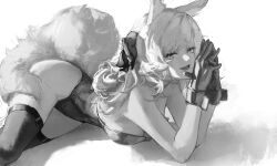 1girl absurdres animal_ears arknights bow breasts cleavage commentary english_commentary gandy_(gan3e46) greyscale hair_bow highres large_breasts leotard long_hair looking_at_viewer lying monochrome on_side open_mouth playboy_bunny shadow smile solo tail thighhighs whislash_(arknights) white_background