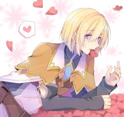 Rule 34 | 1boy, arthur (rune factory), black sleeves, blonde hair, brown capelet, capelet, closed mouth, commentary request, detached sleeves, hair between eyes, heart, looking at viewer, lying, male focus, mini mamu, mouth hold, on side, purple eyes, rune factory, rune factory 4, shirt, short hair, solo, spoken heart, upper body
