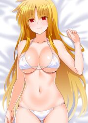 Rule 34 | 1girl, bare shoulders, bikini, blonde hair, blush, breasts, cleavage, collarbone, commentary request, engo (aquawatery), fate testarossa, gluteal fold, large breasts, long hair, looking at viewer, lying, lyrical nanoha, mahou shoujo lyrical nanoha strikers, midriff, navel, on back, red eyes, smile, solo, swimsuit, very long hair, white bikini