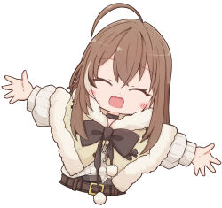 Rule 34 | 1girl, ahoge, belt, black choker, blush, brown capelet, brown hair, capelet, chibi, choker, closed eyes, crossed bangs, highres, hololive, hololive english, lazurite, long hair, multicolored hair, nanashi mumei, nanashi mumei (casual), official alternate costume, plaid, pom pom (clothes), ribbon, streaked hair, sweater, virtual youtuber, white sweater