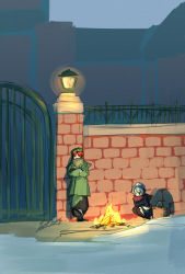 Rule 34 | artist request, basket, brick wall, campfire, fire, gate, highres, hong meiling, izayoi sakuya, lantern, leaning back, scarf, snow, squatting, touhou, winter clothes