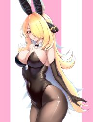 Rule 34 | 1girl, alternate costume, alternate eye color, animal ears, asairosora, black bow, black bowtie, black hairband, black leotard, blonde hair, bow, bowtie, breasts, brown eyes, commentary, covered navel, cowboy shot, creatures (company), cynthia (pokemon), detached collar, fake animal ears, game freak, hair ornament, hair over one eye, hairband, highres, large breasts, leotard, long hair, looking at viewer, minibow, nintendo, pantyhose, parted lips, playboy bunny, pokemon, pokemon dppt, rabbit ears, sidelocks, solo, thighs, very long hair