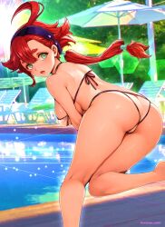 Rule 34 | 1girl, ahoge, ass, back, bikini, breasts, floating hair, from behind, green eyes, gundam, gundam suisei no majo, hairband, highres, large breasts, leaning forward, looking at viewer, looking back, low ponytail, open mouth, oyaman, pool, poolside, red hair, short eyebrows, solo, suletta mercury, swimsuit, thick eyebrows, thighs, white bikini