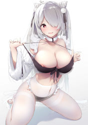 Rule 34 | :d, alternate breast size, azur lane, bikini, bikini under clothes, black bikini, breasts, cleavage, collar, collarbone, cone hair bun, covered navel, dermar, detached sleeves, frilled legwear, front-tie bikini top, front-tie top, grey hair, hair bun, hair over one eye, highres, kiev (azur lane), kneeling, large breasts, long hair, long sleeves, nipple slip, nipples, open mouth, pantyhose, pom pom (clothes), red eyes, signature, simple background, smile, spread legs, swimsuit, thighband pantyhose, thighs, twintails, very long hair, white background, white pantyhose, wide sleeves