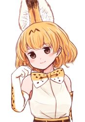 Rule 34 | 10s, 1girl, animal ears, bare shoulders, batta (ijigen debris), blush, brown eyes, closed mouth, commentary request, elbow gloves, gloves, grey shirt, hand up, highres, kemono friends, looking at viewer, orange hair, paw pose, serval (kemono friends), serval print, shirt, simple background, sleeveless, sleeveless shirt, smile, solo, upper body, white background