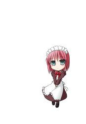 Rule 34 | 1girl, apron, black footwear, bow, bowtie, closed mouth, full body, green eyes, hisui (tsukihime), long sleeves, looking at viewer, maid, maid headdress, pink hair, red bow, red bowtie, short hair, simple background, smile, solo, tsukihime, v arms, white apron, white background, yamagata (yamagata bosi)