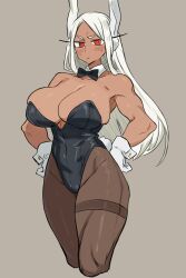 Rule 34 | 1girl, :/, absurdres, animal ears, bare shoulders, black bow, black bowtie, black leotard, blush, boku no hero academia, bow, bowtie, breasts, brown pantyhose, cleavage, closed mouth, collarbone, commentary, covered navel, cropped legs, dark-skinned female, dark skin, detached collar, english commentary, gloves, grey background, hands on own hips, highleg, highleg leotard, highres, large breasts, leotard, long eyelashes, long hair, looking at viewer, mirko, pantyhose, parted bangs, playboy bunny, rabbit ears, rabbit girl, rabbit tail, red eyes, simple background, solo, strapless, strapless leotard, sweatdrop, tail, telefka, thick thighs, thigh strap, thighs, toned female, traditional bowtie, white gloves, white hair, wrist cuffs