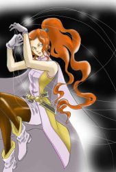 Rule 34 | 1girl, antenora victoria, belt, breasts, gloves, long hair, pantyhose, ponytail, red hair, smile, solo, wild arms, wild arms 2
