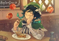 Rule 34 | 1boy, androgynous, apple, beret, black hair, blue hair, bottle, bow, braid, character name, closed eyes, closed mouth, collared cape, collared shirt, commentary, corset, english commentary, english text, flower, food, food on face, fork, frilled sleeves, frills, fruit, genshin impact, gradient hair, green headwear, hair flower, hair ornament, hand on own cheek, hand on own face, happy birthday, hat, holding, holding fork, indoors, leaf, light particles, long sleeves, male focus, multicolored hair, plate, shirt, short hair with long locks, smile, symbol-only commentary, tongue, tongue out, twin braids, venti (genshin impact), waffletop, white flower, white shirt, window