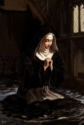 Rule 34 | 1girl, absurdres, black dress, closed eyes, closed mouth, coif, danlamdae, dress, highres, kneeling, long dress, nun, original, own hands together, partially submerged, praying, solo, traditional nun, water