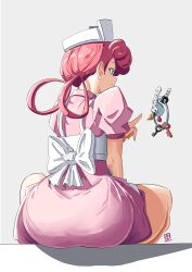 Rule 34 | 1girl, apron, artist logo, ass, ass focus, automatic giraffe, blue eyes, closed mouth, commentary, creatures (company), dated, dress, english commentary, from behind, game freak, gen 6 pokemon, hair rings, hat, highres, index finger raised, joy (pokemon), klefki, long hair, nintendo, nurse, nurse cap, pink dress, pink hair, pokemon, pokemon (anime), pokemon (classic anime), pokemon (creature), profile, puffy short sleeves, puffy sleeves, shadow, short sleeves, simple background, smile, split mouth, white apron, white background, white headwear