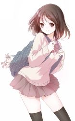 Rule 34 | 1girl, backpack, bad id, bad pixiv id, bag, bag charm, black thighhighs, brown eyes, brown hair, charm (object), leaning forward, looking at viewer, original, pleated skirt, school bag, school uniform, short hair, simple background, skirt, solo, split mouth, sweater, thighhighs, white background, yatomi, zettai ryouiki