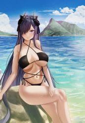 Rule 34 | 1girl, alternate costume, august von parseval (azur lane), azur lane, bikini, black bikini, black horns, blue sky, breasts, breasts apart, choister, cloud, cloudy sky, curled horns, day, feet out of frame, hair over one eye, highres, horns, large breasts, long hair, looking at viewer, mechanical horns, mountain, mountainous horizon, outdoors, purple eyes, purple hair, side-tie bikini bottom, sitting, sky, solo, stone, swimsuit, very long hair, water