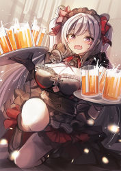 Rule 34 | 1girl, alcohol, azur lane, beer, beer mug, black dress, black gloves, breasts, cleavage, clothing cutout, cross, cup, dress, elbe (azur lane), elbe (time to show off?) (azur lane), fang, frilled dress, frills, gloves, holding, holding tray, iron cross, large breasts, layered dress, long hair, mug, official alternate costume, open mouth, purple eyes, sea nami, silver hair, skin fang, solo, tray, twintails, underboob cutout