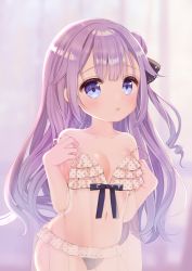 Rule 34 | 1girl, azur lane, babydoll, bad id, bad pixiv id, bare arms, bare shoulders, black bow, black panties, black ribbon, blurry, blurry background, blush, bow, breasts, closed mouth, collarbone, commentary request, covered navel, depth of field, hair bun, hair ribbon, long hair, looking at viewer, maeha, navel, one side up, panties, purple eyes, purple hair, ribbon, see-through, side bun, single hair bun, single side bun, small breasts, solo, strap slip, underwear, underwear only, unicorn (azur lane), very long hair, white babydoll