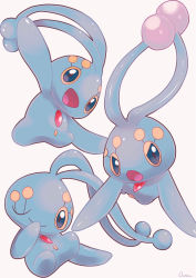 Rule 34 | arm up, blue eyes, closed mouth, commentary request, covering own mouth, creatures (company), game freak, gen 4 pokemon, grey background, highres, legendary pokemon, looking at viewer, manaphy, multiple views, mythical pokemon, nintendo, no humans, one eye closed, open mouth, ouran, pokemon, pokemon (creature), signature, smile, tongue