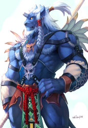 Rule 34 | 00s, 1boy, blue skin, braid, broken horn, colored skin, final fantasy, final fantasy x, furry, furry male, hair ornament, highres, horns, kimahri ronso, long hair, male focus, muscular, null-ghost, ronso, solo, weapon, white hair, yellow eyes