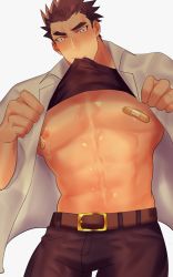 Rule 34 | 1boy, abs, bandaid, bandaids on nipples, bara, bare pectorals, belt, black tank top, blush, bulge, clothes lift, highres, kihane atsusane, large pectorals, lifting another&#039;s clothes, male focus, male lactation, mouth hold, muscular, muscular male, navel, nipples, open clothes, open shirt, pasties, pectorals, protagonist 3 (housamo), shirt, shirt lift, short hair, solo, stomach, sweat, tank top, tokyo houkago summoners, white shirt