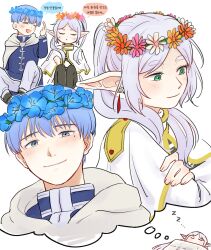 Rule 34 | 1boy, 1girl, blanket, blue eyes, blue hair, capelet, commentary request, dreaming, earrings, flower wreath, frieren, green eyes, grey hair, head wreath, highres, himmel (sousou no frieren), jewelry, korean commentary, korean text, pointing, pointy ears, sitting, sleeping, sousou no frieren, translation request, twintails, white capelet, yumyumppang, zzz